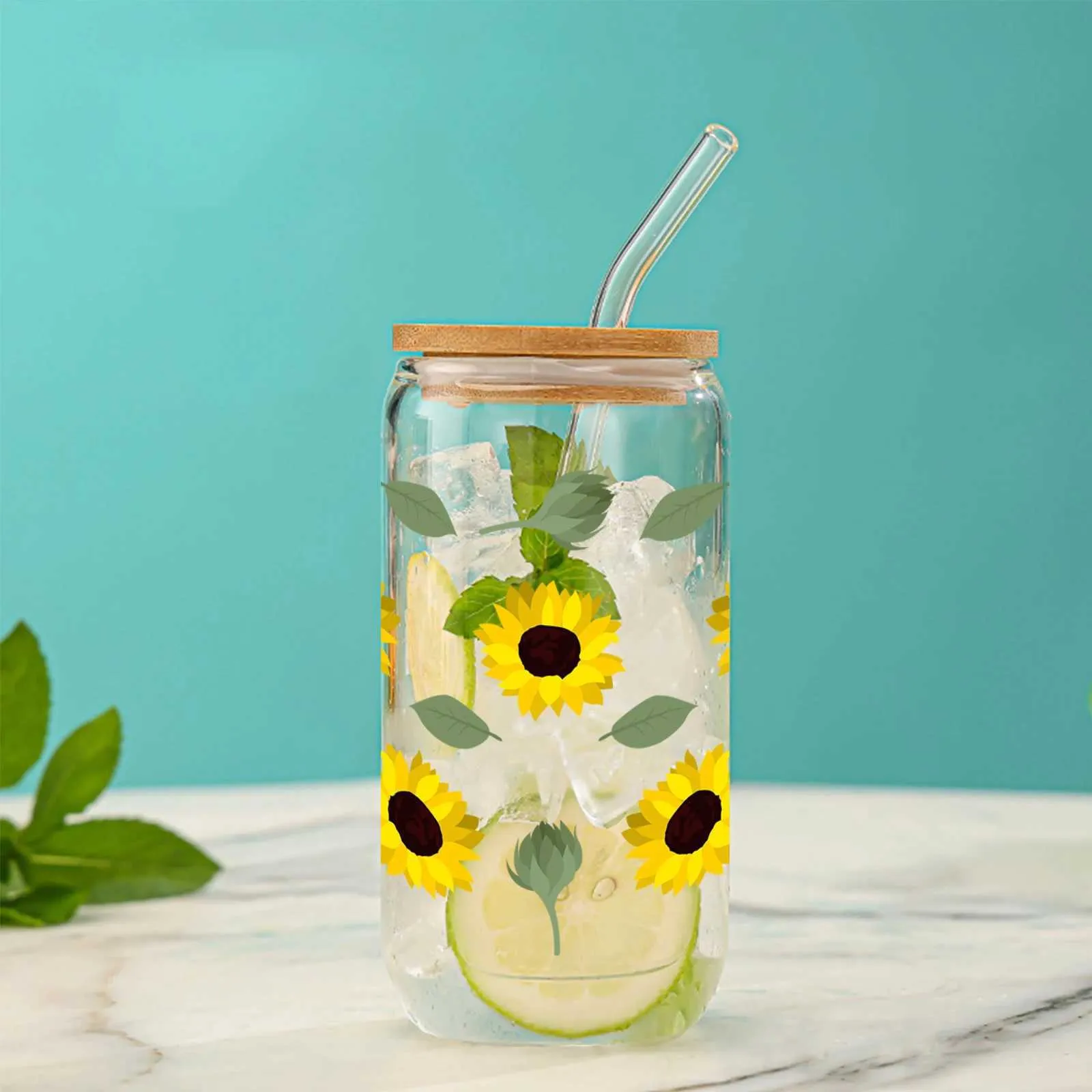 Tumbler 16oz Multi-Layer Blütenblätter Sonnenblumen grüner Blattsaftglas-Stroh mit Bambusdeckel für heiße und kalte Getränke im Sommer H240425 geeignet