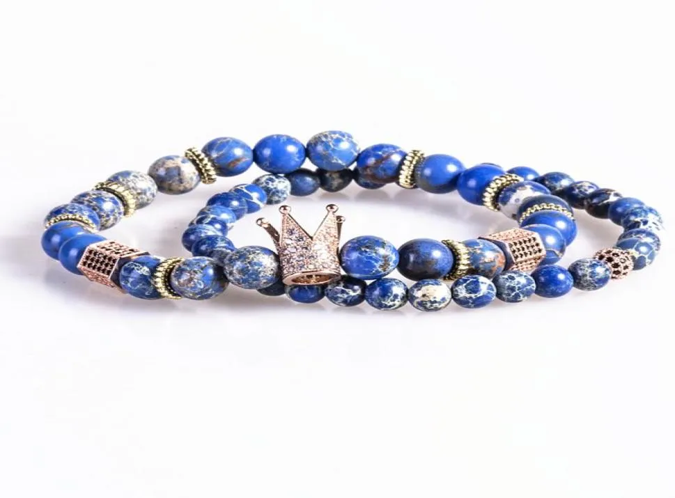 2PCSSet Bead Bracelet Crown Charm Bangle Natural Blue Emperor Stone Beadsbuddha Bracelet voor vrouwen en heren Pulseras Masculina1768576