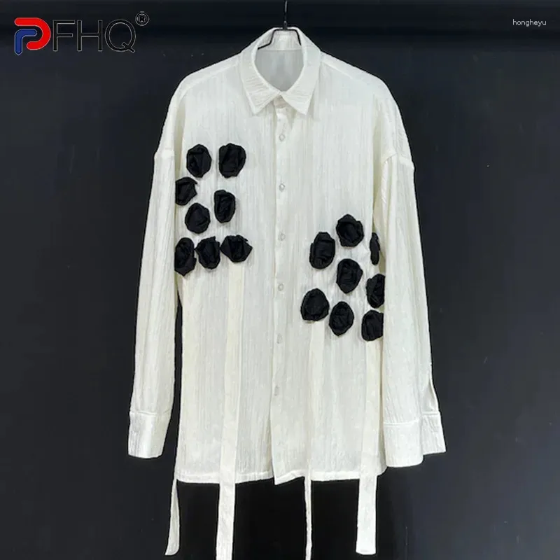 Men's Casual Shirts PFHQ Folded Ink Painting Handmade Flower Loose Long Sleeved Summer Male Delicacy Original Outdoor Tops 21Z4536