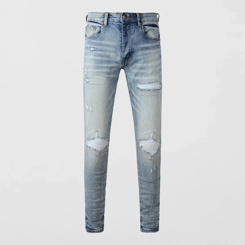 Jeans de hombres calles Moda de la calle Men Retro Blue Blue Skinny Fit Skinny Reped White Leater Diseñador Hip Hop Brand Pantalones
