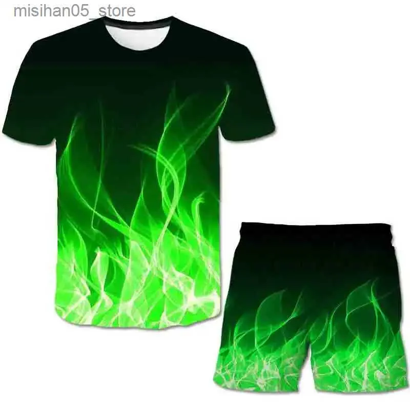 Kleidungsstücke modische Kinderkleidung Flammen Kleidung Set Summer Girls und Jungen T-Shirt+Shorts 2 Stück/Set 1-14 Jahre Casual Cool Q240425