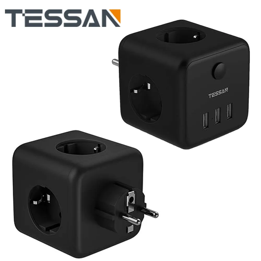 Chargers Tessan Europe Black USB Wall Socket с 3 розетками.