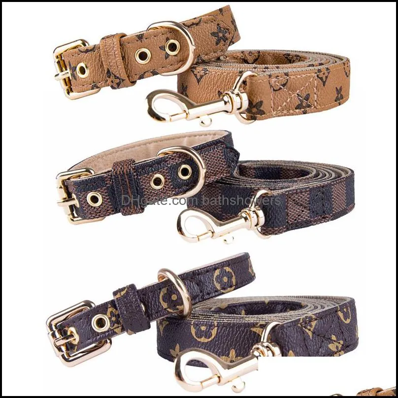 Hundhalsar Leases Pu Leather Dog Collar Leasches Set Classic Old Flower Mönster Designer Collar för små medelstora hundar Cat Chihuahu Dhudl