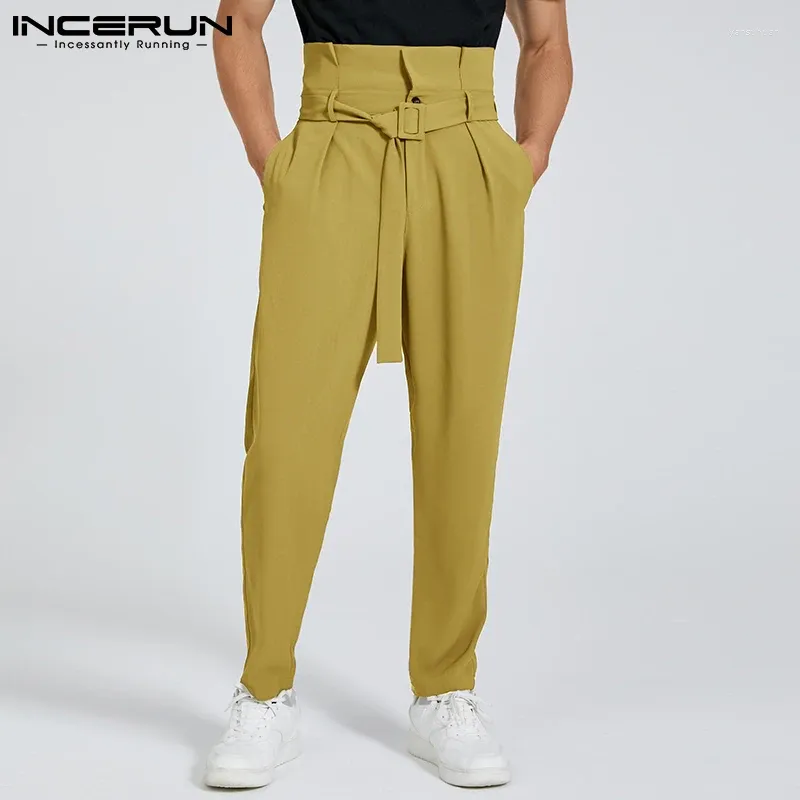 Herrbyxor incerun män casual joggar hög midja streetwear lösa byxor med bälte 2024 fast färg mode fritid pantalon s-5xl