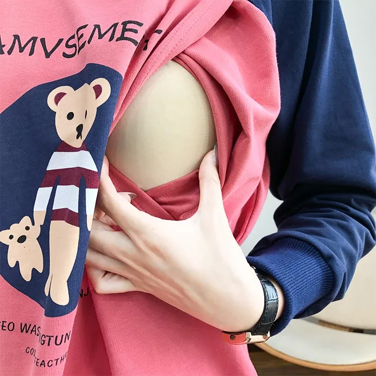 Sweatshirts Mallfeeding Clothes for Postpartum Wear Contrast Color Sweats à capuche pour Sweat-shirt enceinte en coton pur 5068B