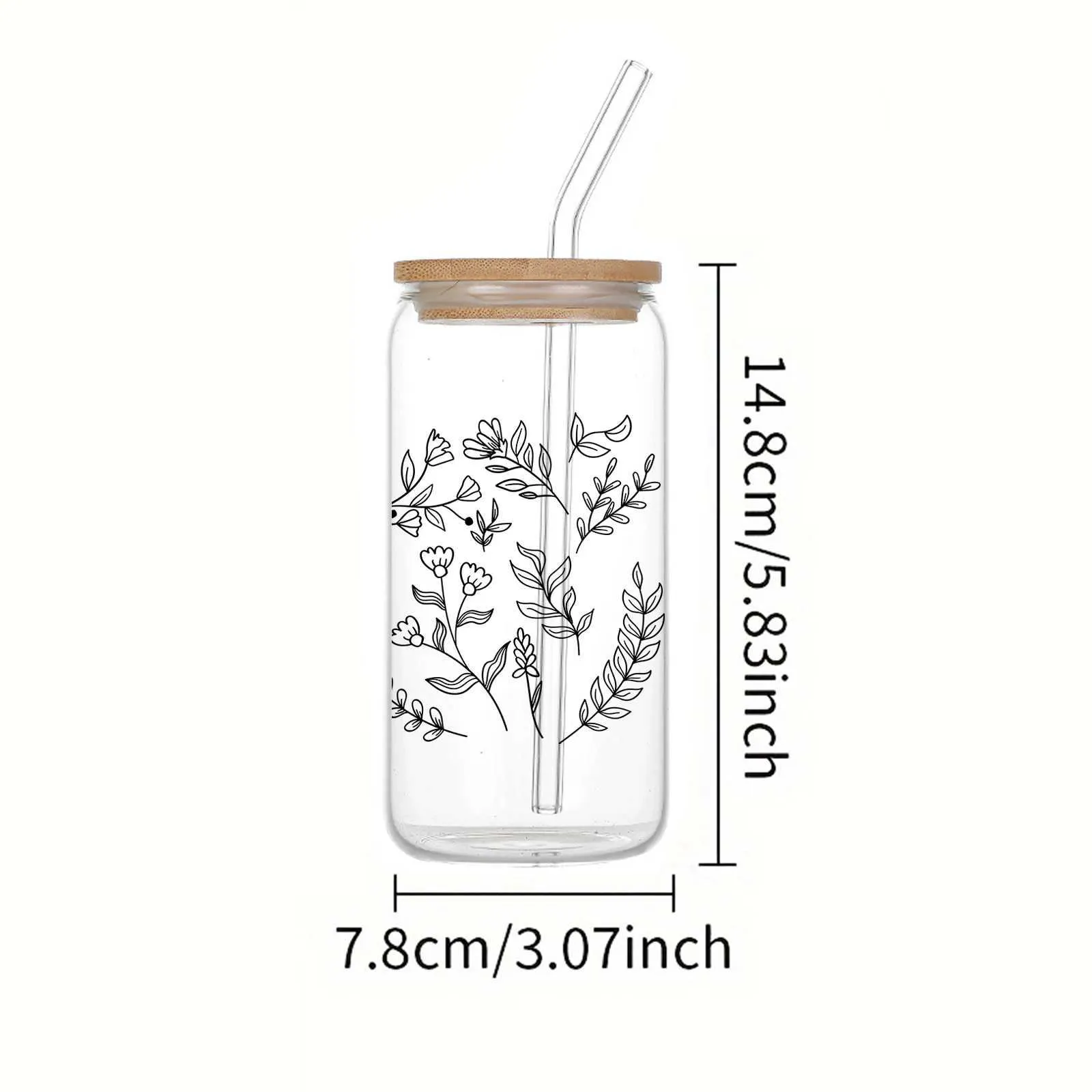 Tumblers 16oz Clear Drinking Glass Can With Bamboo Lid And Straw Juice Coffee Milk Cup For Hot/Cold Drinks Black Line Branches Leaves H240425