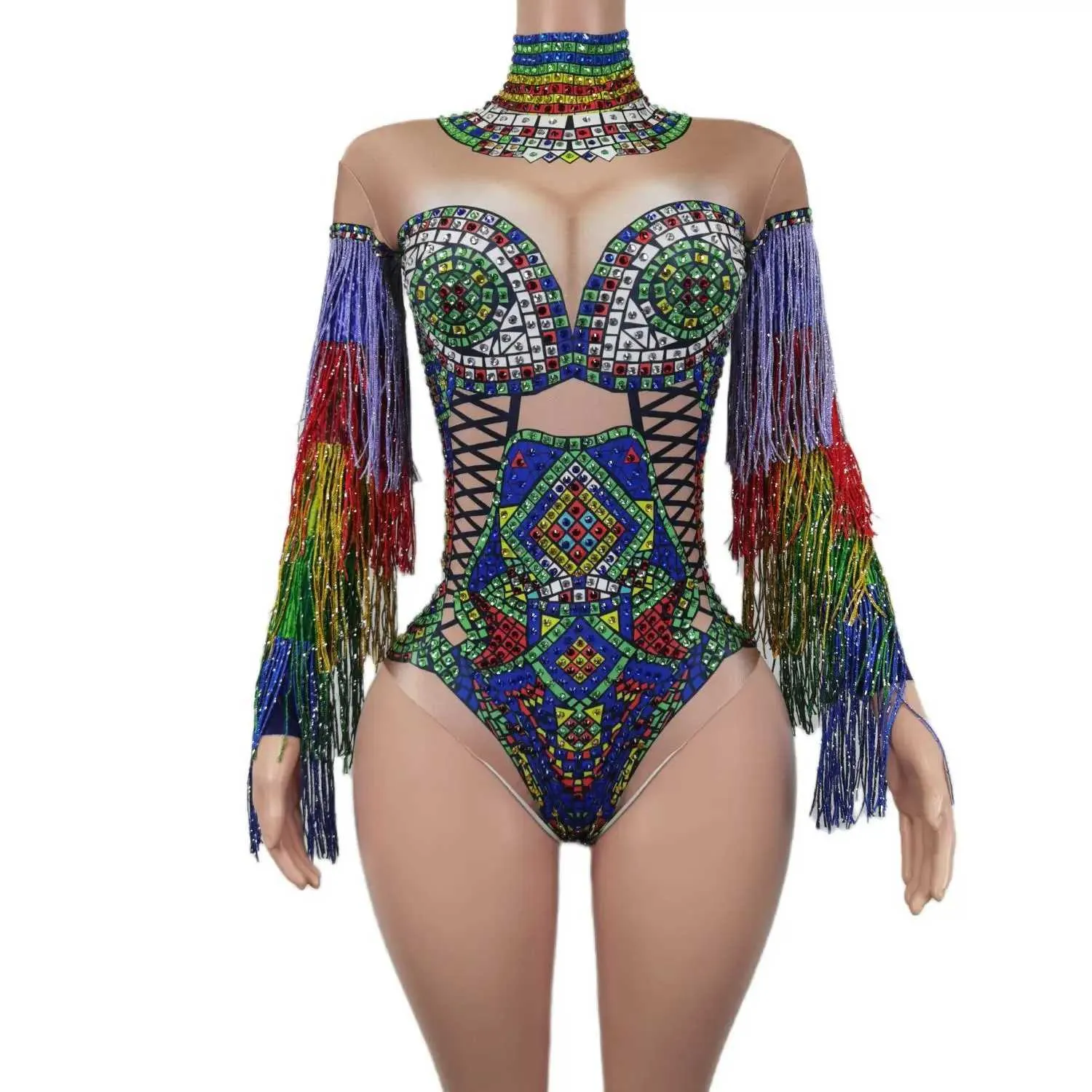 Stage Wear Sexy Multi-Color Rhinestones Tassel Bodysuit Nightclub Dançarino Party Stage Wear Pólo Dança Fringe Crystal Leotard Costume Cizhuan D240425