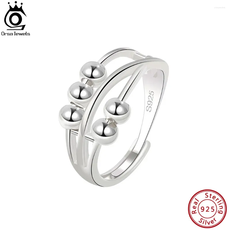 Pierścienie klastra Orsa Klejnoty Vintage srebrny koralik obrotowy lęk regulowany 925 Sterling Otwarty palec biżuteria dla kobiet SR303