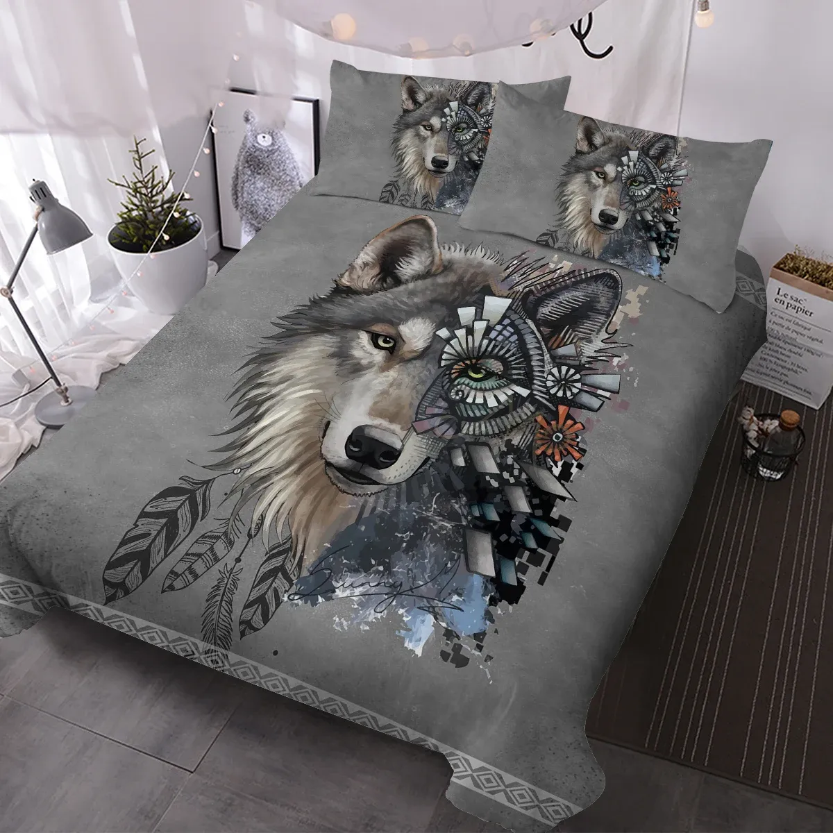 Pillow Gray Wolf with Mechanical Eye Printed Bedding Set Decorative 3 Piece Duvet Cover with 2 Pillow Shams