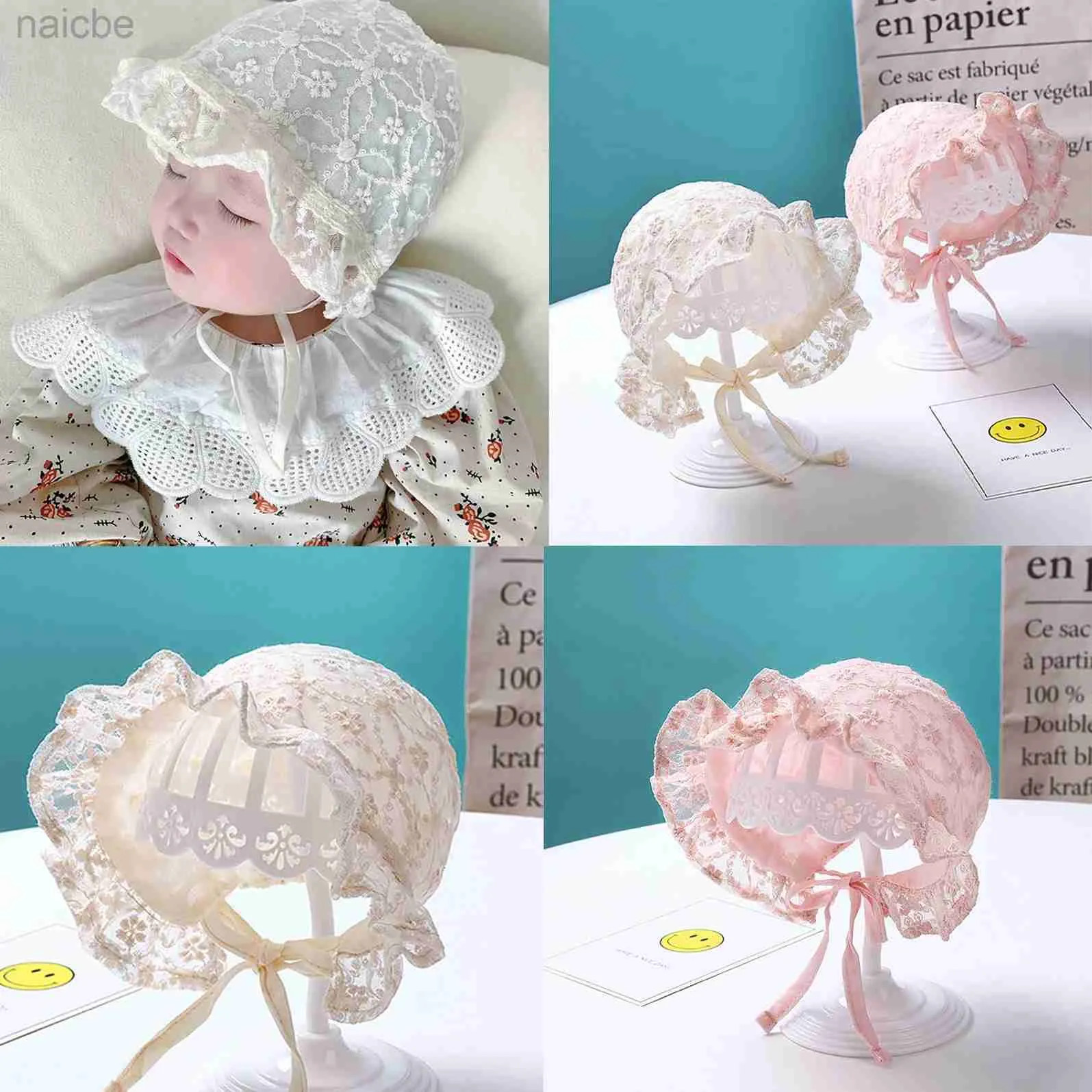 CAPS HATS Söt Summer Lace Flower Newborn Baby Hat Princess Baby Girl Spädbarn Soft Bonnet Cap Toddler Sun Hats Nyfödda fotografering Rekvisita D240425