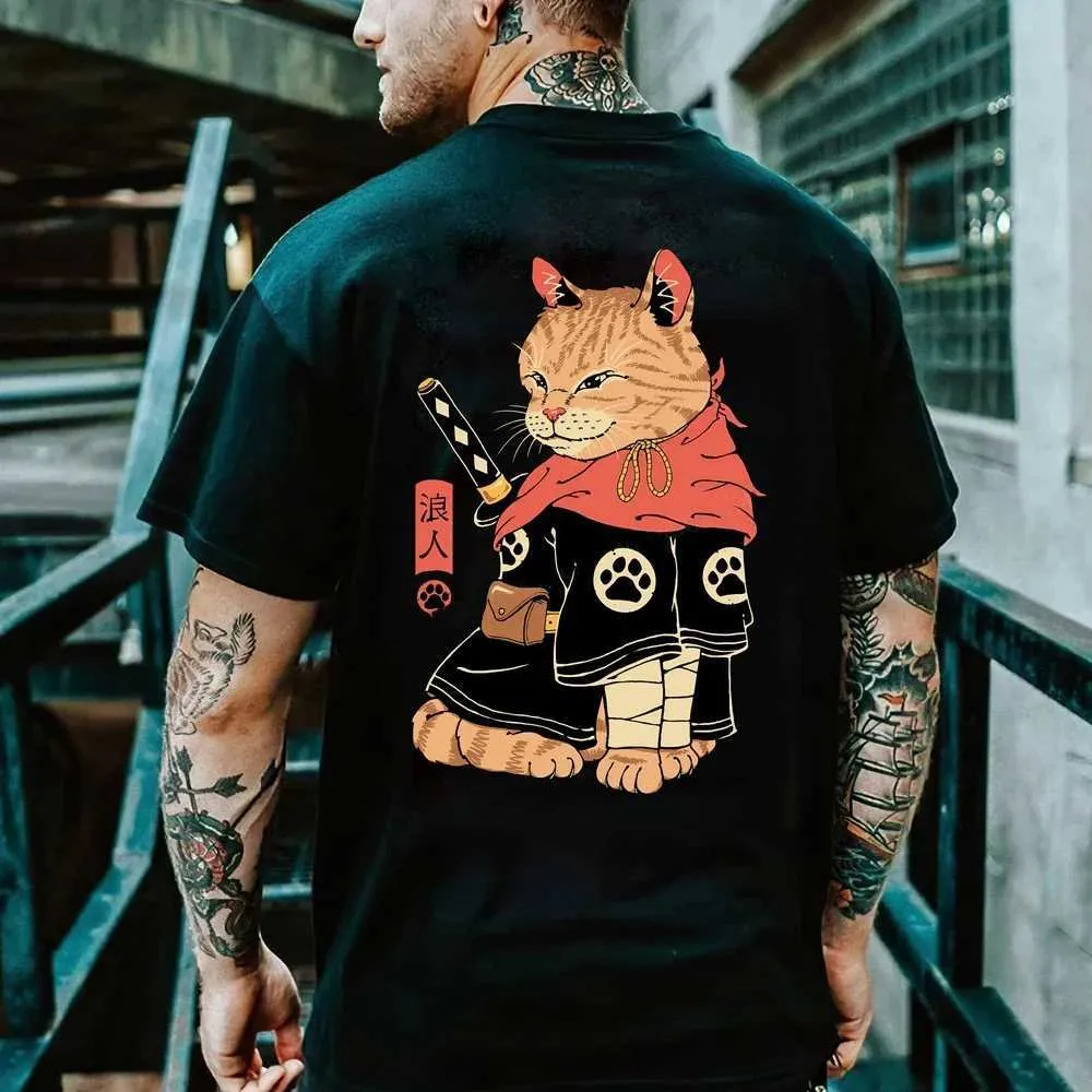 Camisetas masculinas japonesas samurai gato harajuku masculino verão the tend the-shirt casual black camiseta o-pescoço curto top prateado top grande roupas vintage t240425