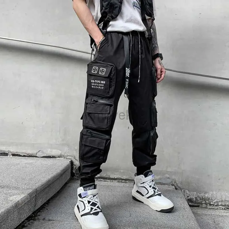 Herrbyxor 2022 Techwear Style Multi Pockets Cargo Pants Man Vintage Punk Hip Hop Pants Ribbon Casual Joggers Streetwear D240425