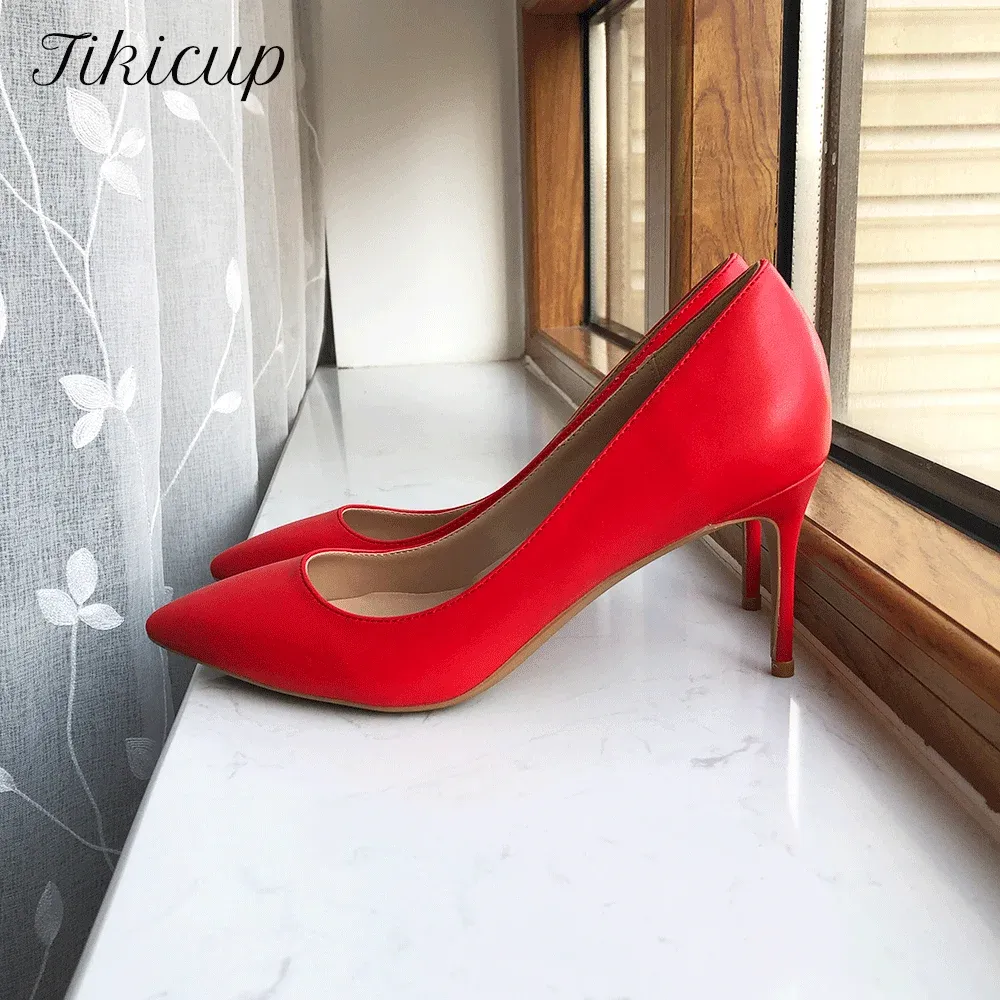 Stövlar Tikicup Solid Red Matte Women Elegant Pointy Toe High Heel Wedding Shoes Ladies Formal Slip On Stiletto Pumps 8cm 10cm 12cm