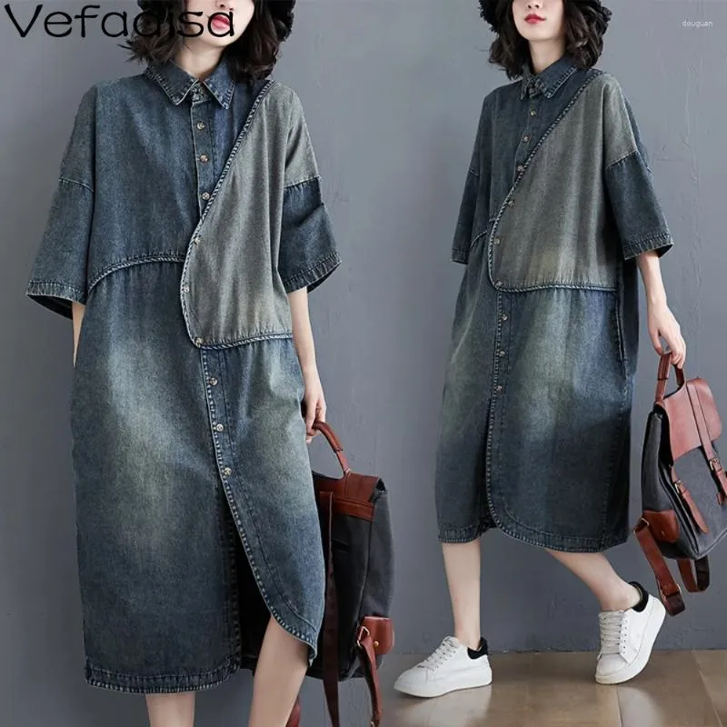 Abiti casual Vefadisa 2024 Autunno inverno sciolto pelle letteraria a metà lunghezza copritura giuntura abito di denim ragazza alla moda ragazza elegante top zy4026