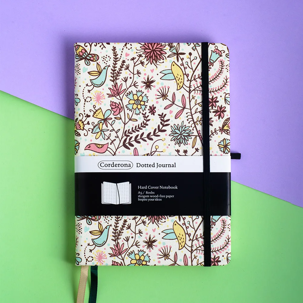 Corderona A5 160gsm Dot Grid Journal Floral Notepad Hard Cover PU Elastic Band Travel Dotted Notebook