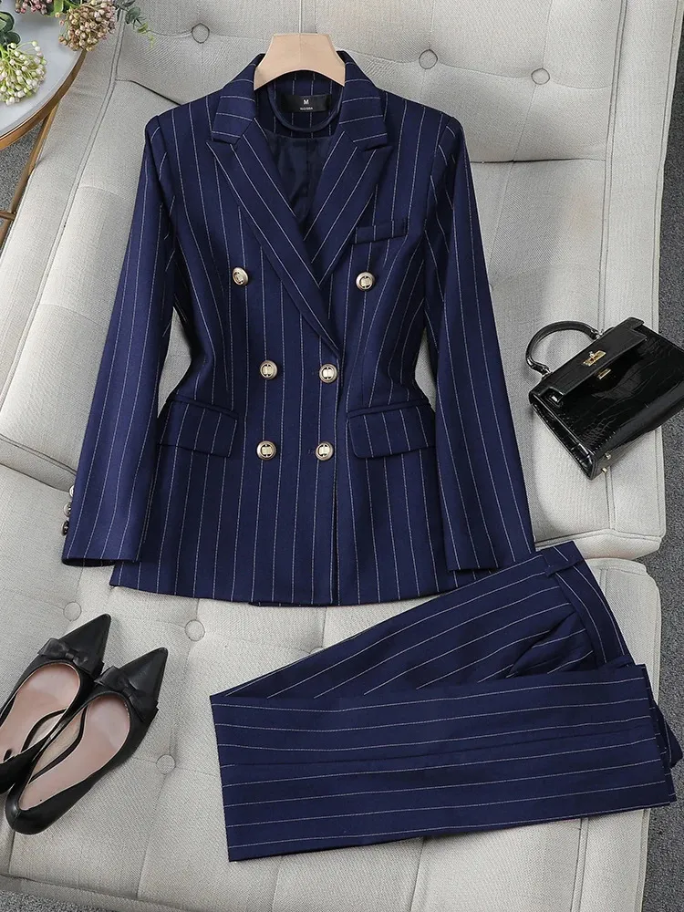 Fashion S-8XL Office Ladies Formal Pant Suit Set Women Blue Striped Female Business Work Wear 2 Piece Blazer Jacket And Trouser 240421