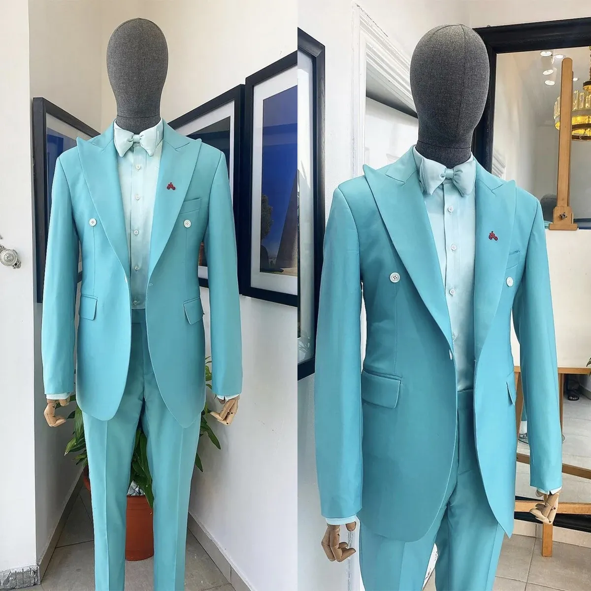 Pakken Nieuw ontwerp Blue Men Suits Tailormade 2 stuks Blazer broek één knop brede rapel Tuxedo Business Wedding Plus Maat op maat gemaakt