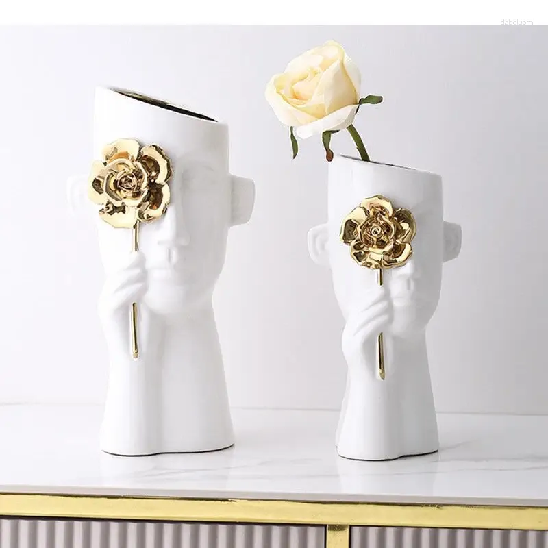 Vases Golden Rose Decorative Character Céramique Vase Bureau Décoration en pot Plante Pust Flower Fleurs Arrangement décor moderne