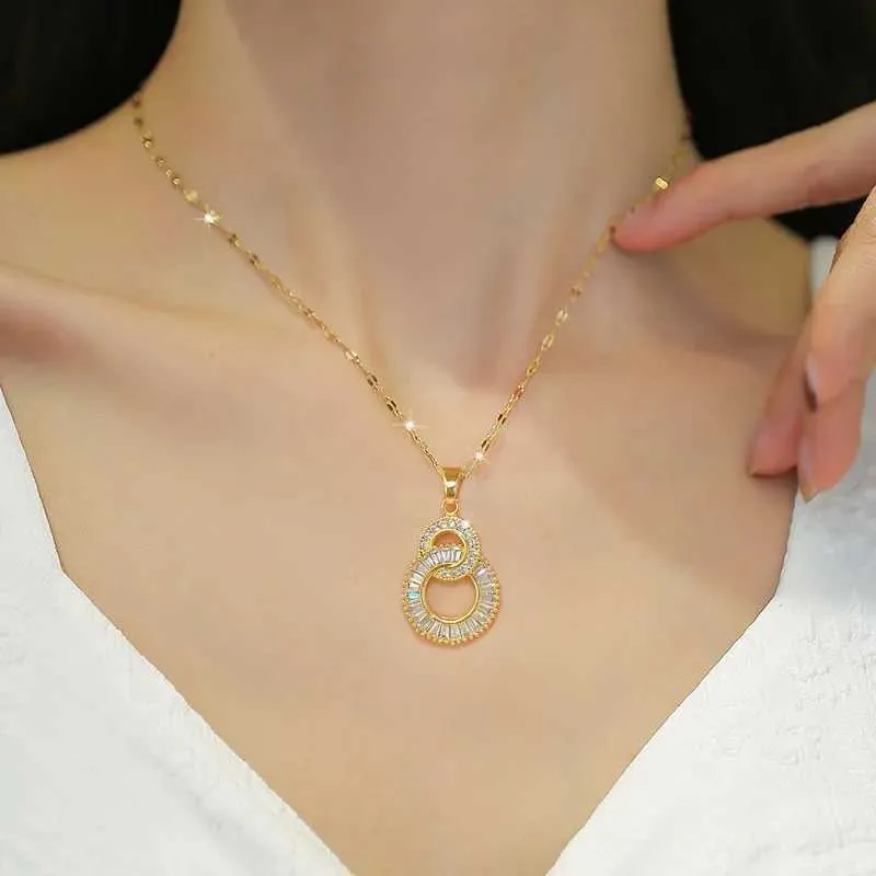 Coliere cu pandantiv din oțel inoxidabil, culoare aurie, colier cu cerc dublu, zircon cubic, 8 forme pentru femei, temperament simplu_voghion.com