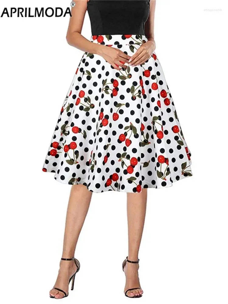 Etekler 2024 Vintage yüksek bel kadınları beyaz kiraz polka nokta baskı 50s 60s pinup rockabilly moda yaz midi etek düğmeleri