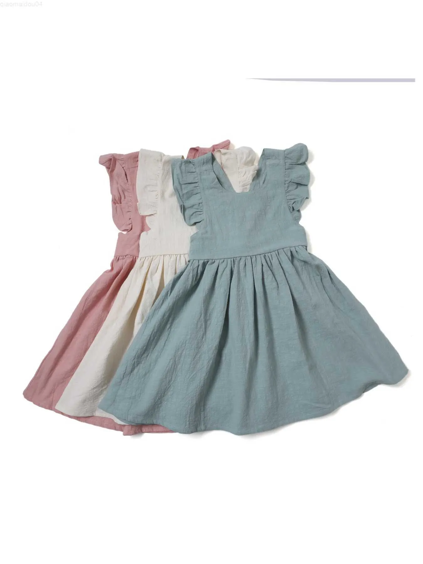 Robes de fille de style décontracté manches sans manches bébé fille manche volante coton et lin matériau couloir solide polyvalent princesse dressl2404