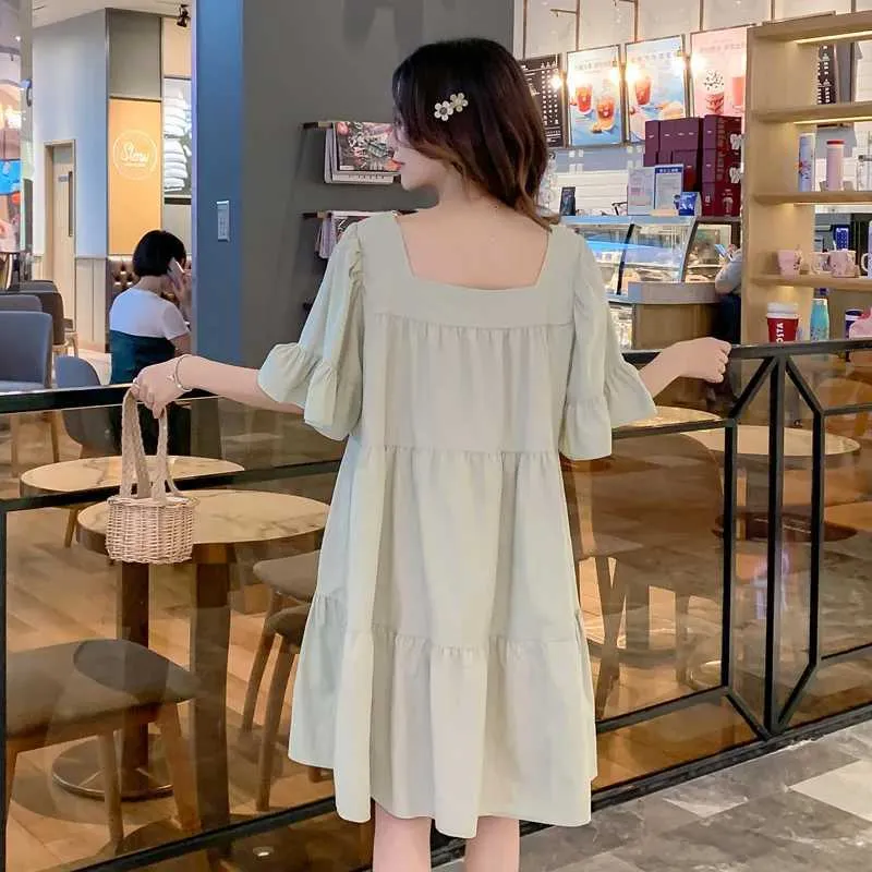 Maternity Dresses Summer Loose Maternity Party Dress Short Flare Sleeve Square Collar Ruffles Patchwork Pregnant Woman A-Line Dress Loose Clothes