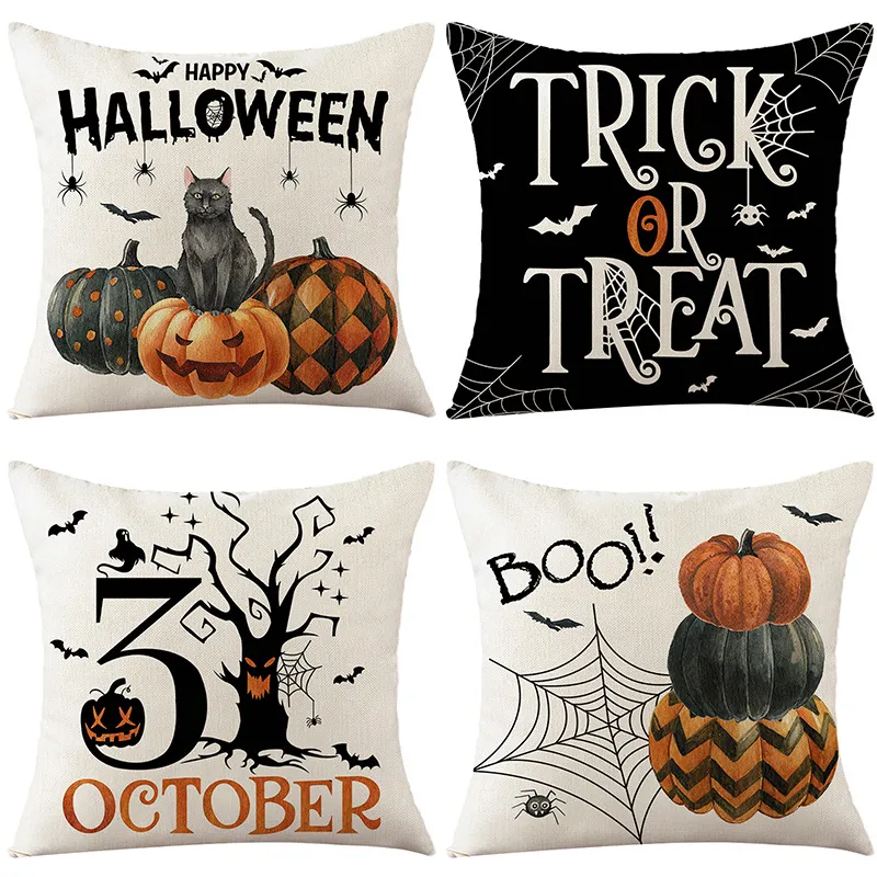 Poduszki obejmują 18x18 Zestaw 4 Halloween drukarki Cover Cushion All Saints Chrześcijaństwo Square Linen Pillows Prezenty Dekoracja Sofa Rzuć dom do domu na zewnątrz salon