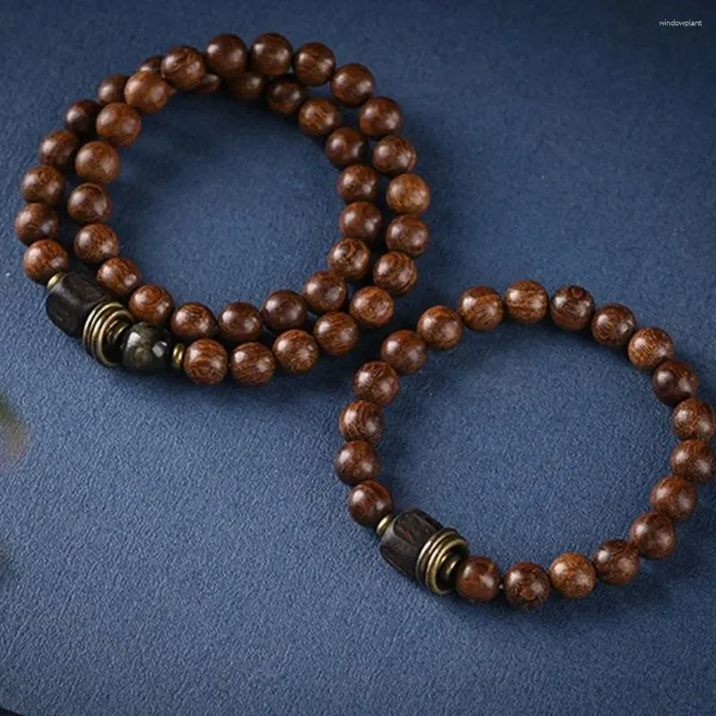 Braccialette fatte a mano Bracciale a doppio strato perle in legno di sandalo in stile cinese gioielli in legno unisex
