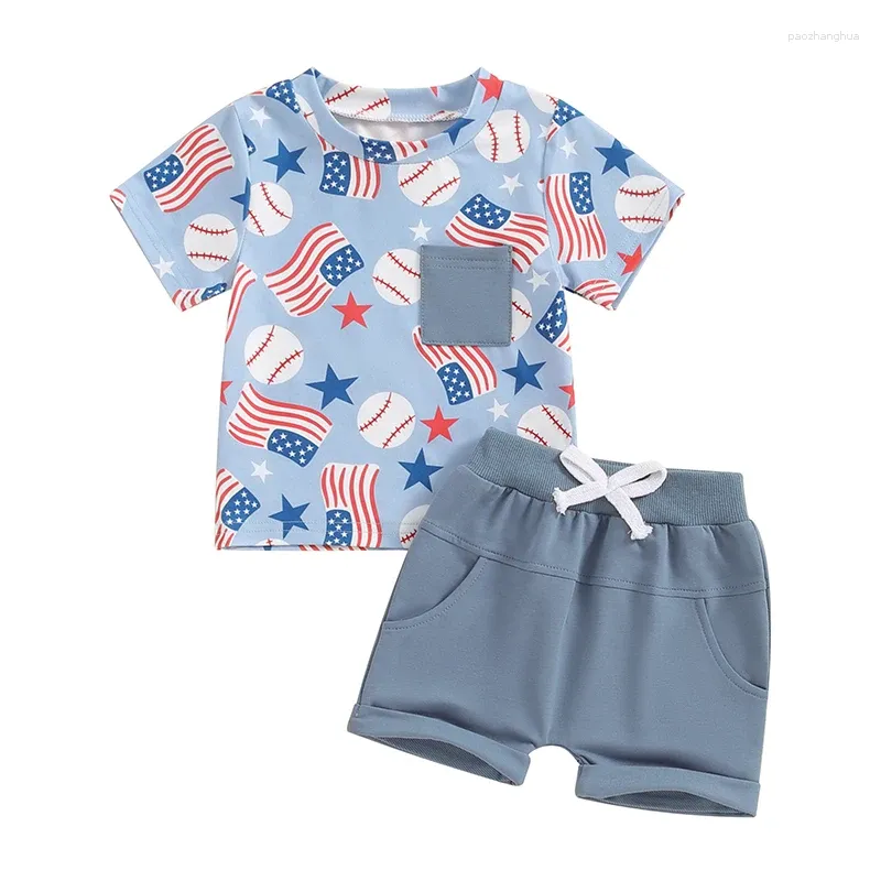 Ensembles de vêtements 4 juillet Toddler Boys Tenifits Flag Baseball Imprimé à manches courtes T-shirts Elastic Shorts 2pcs