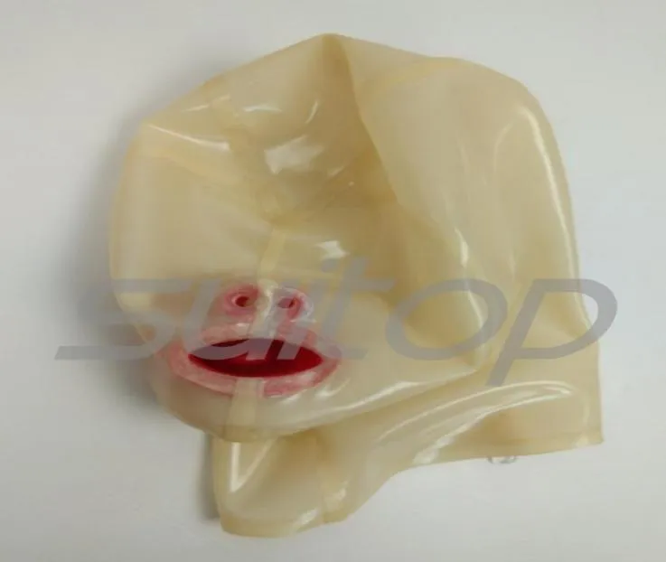 Party Masks Suitop Attached Mouthpiece And Nose Tube Transparent Adults039 Latex Hood Bdsm Made Of 04mm Thickness Natural Mate3636109