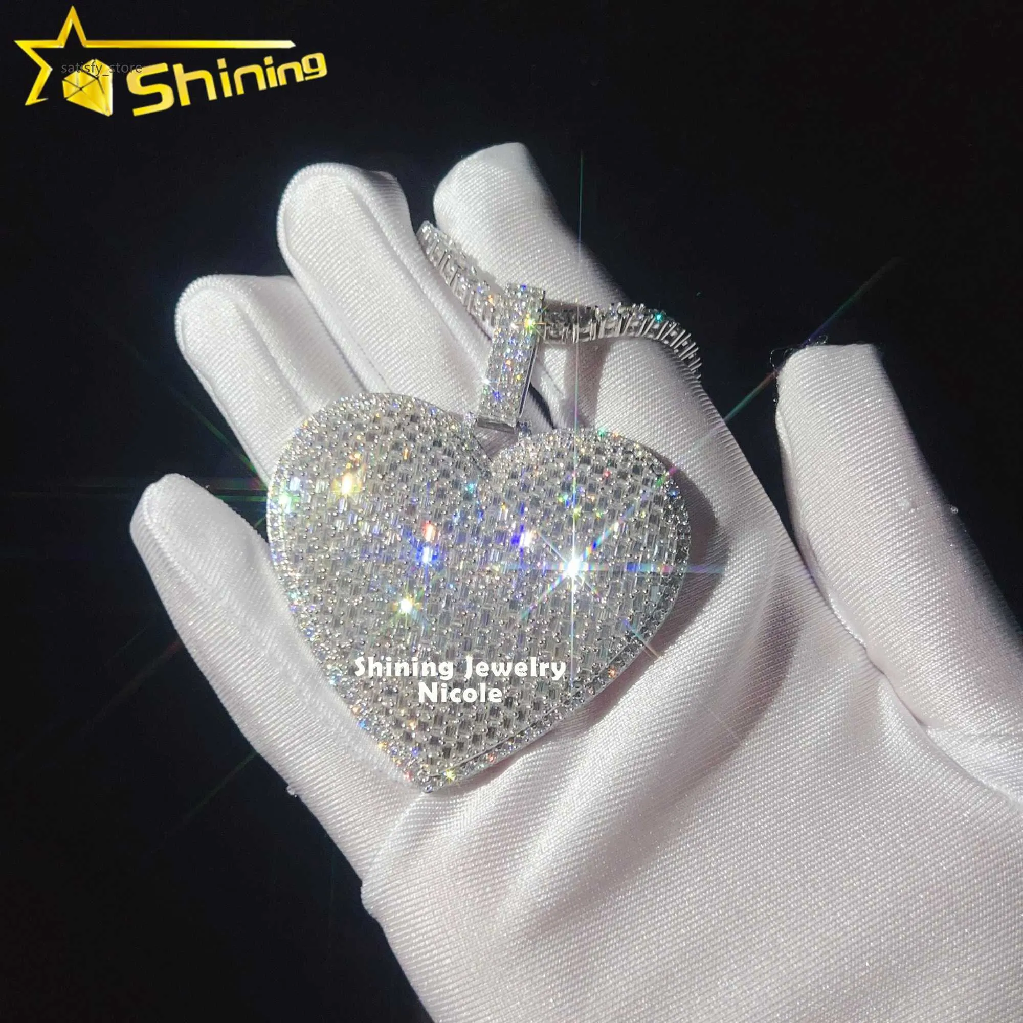 Luxury Big Heart completamente ghiacciato Baguette Diamond Silver 925 Custom Moissanite Hip Hop Pendant