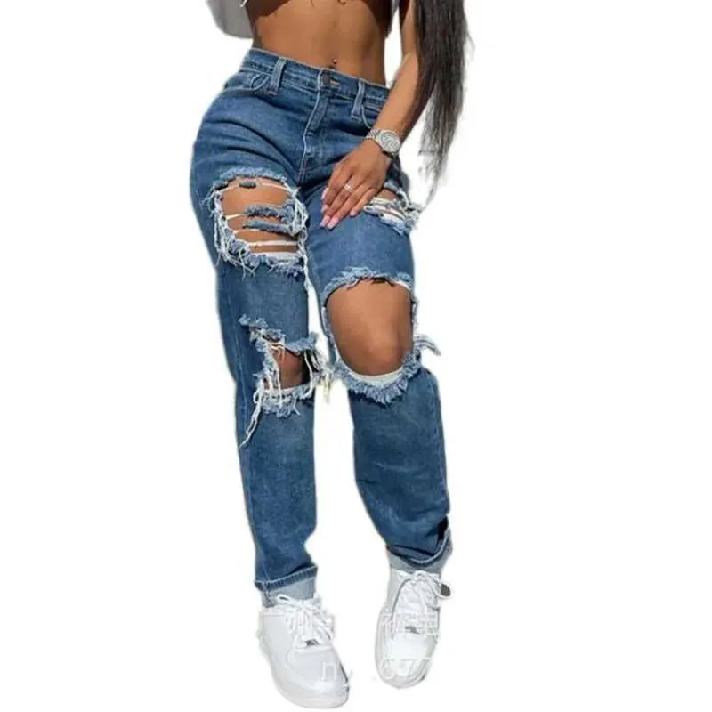 Jeans féminins creux de jeans droits déchirés femme bleu punk baggy haute taille maman petit ami denim trou coréen oversize streetwear pantalon 240423