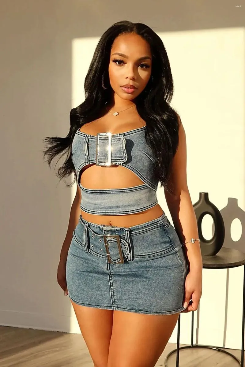 Denim Mini Skirt Set for Women, Sexy Two-Piece Club Matching Outfit,  Elegant Jeans and Top Set