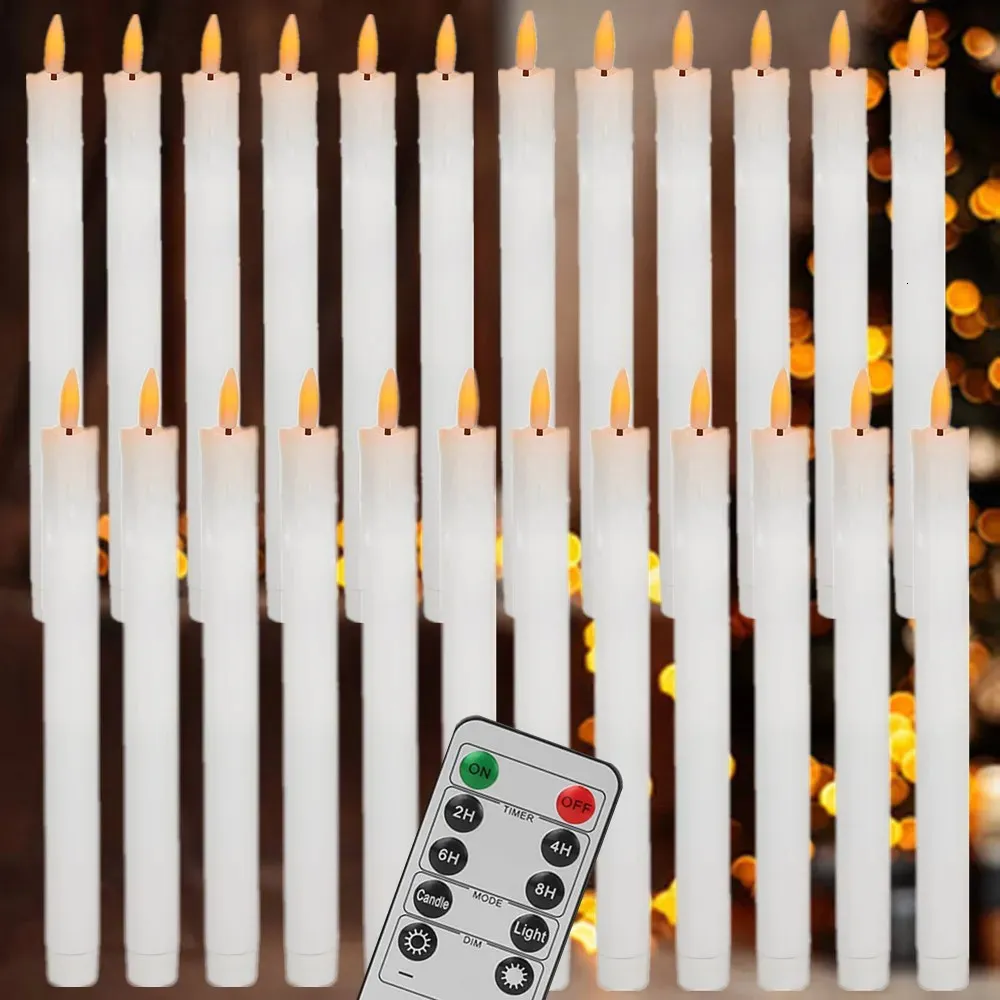 12/18/24％ワックスは、リモートタイマー付きの炎のないテーパーキャンドルをLED 10.6Inch Candlesticks 3D Flickering Flame Window 240417