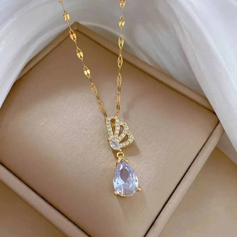 Pendant Necklaces Stainless Steel Butterfly Tears Light Water Drop Wedding Necklace Temperament Niche Design Sense_voghion.com