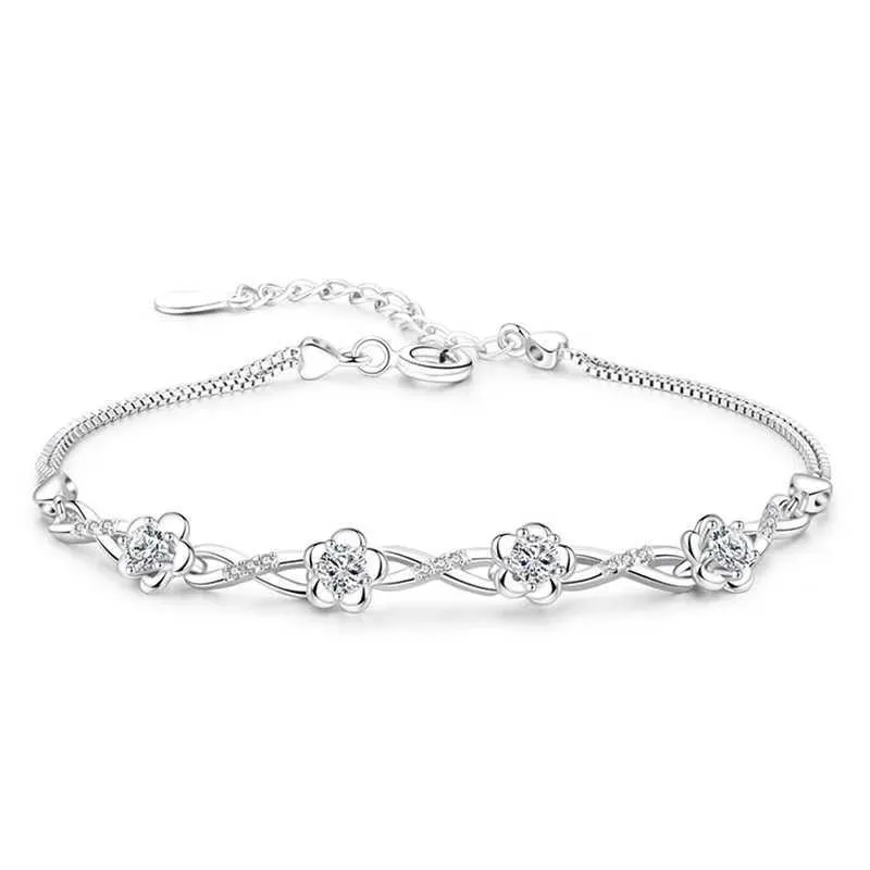 Perlé authentique S925 STERLING Silver Crystal Vintage Plum Blossom Flower Bracelet Brangle For Women Girl Dame Wedding Birthday Gift 240423