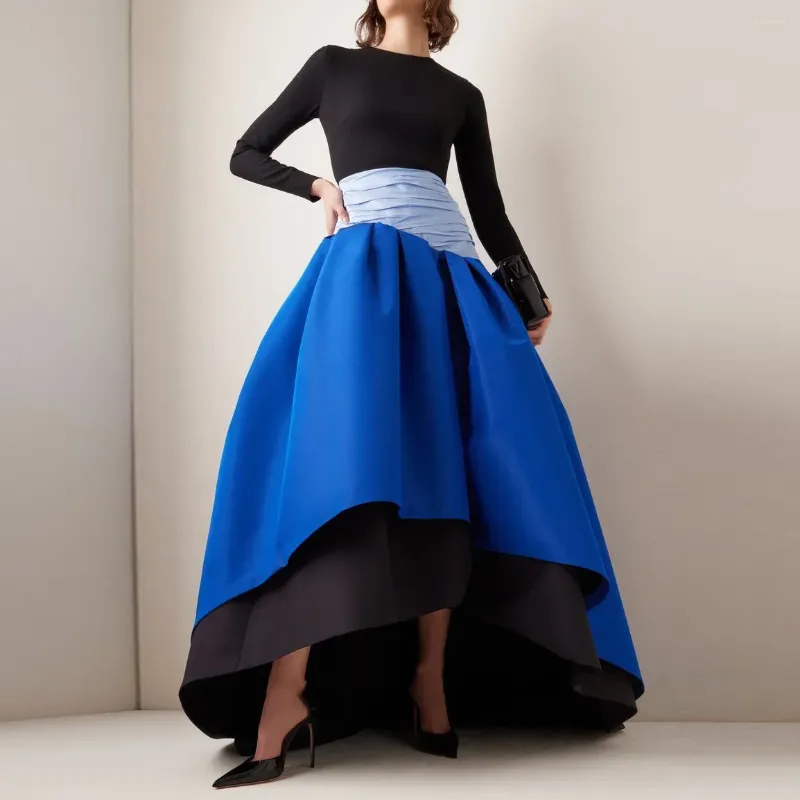 Юбки высокое низкое атласное платье Королевское голубая длинная юбка многослойная женщина повседневная женская одежда Элегантная для женщин с молнией