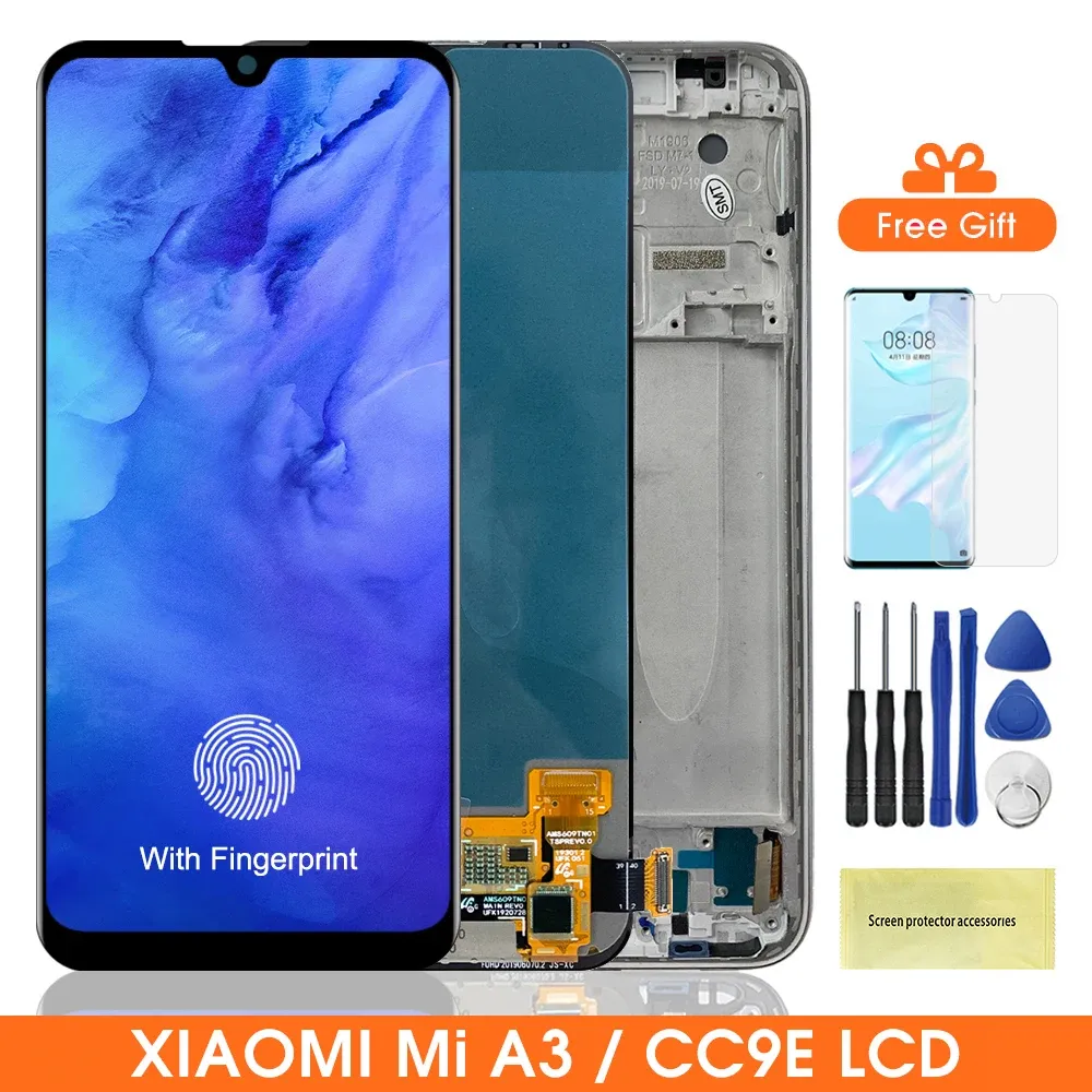 Skärmar MI A3 -skärmbyte, för Xiaomi Mi A3 M1906F9SH LCD Display Digital pekskärm med ram för Xiaomi Mi CC9E -ersättning