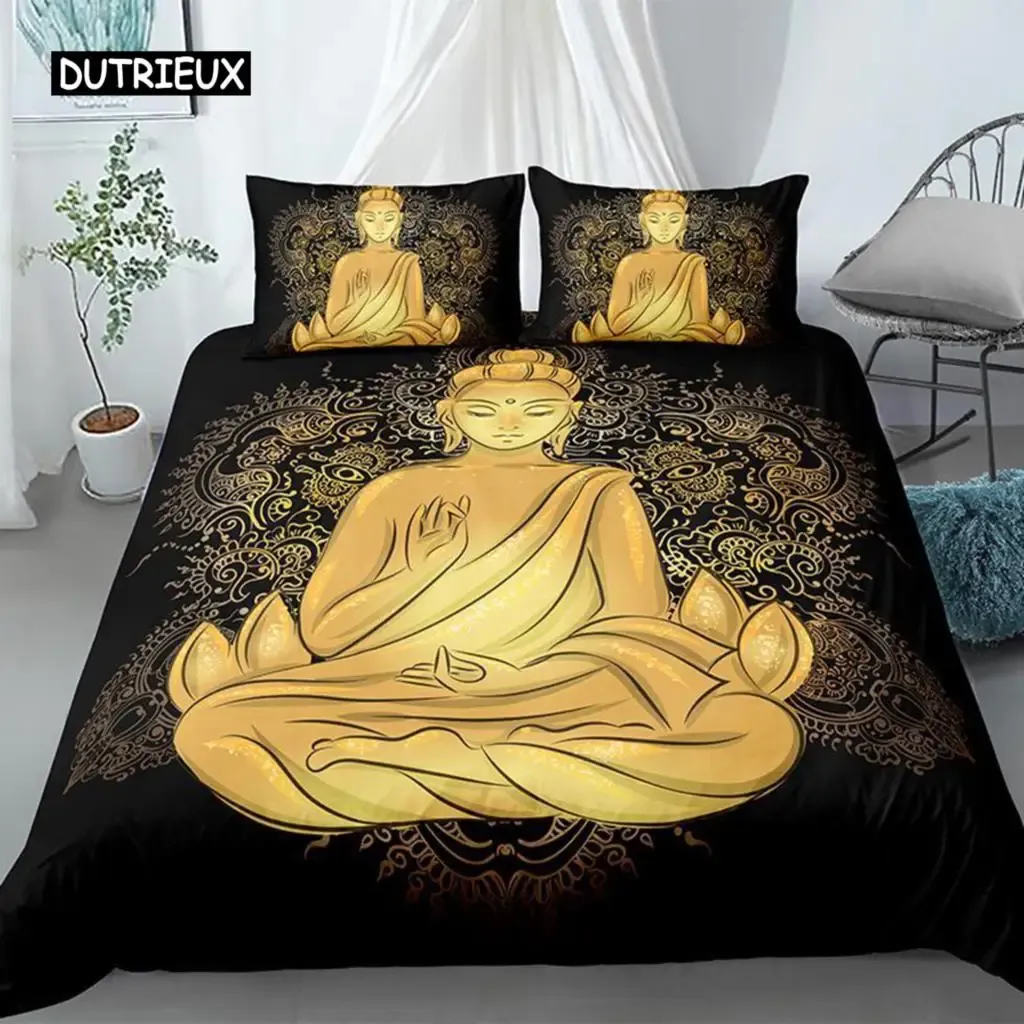 Uppsättningar Buddha Däcke Cover Set King Size Exotic Ethnic Bohemian Bedding Set Microfiber Golden Buddha Statue Print Gorgeous Quilt Cover