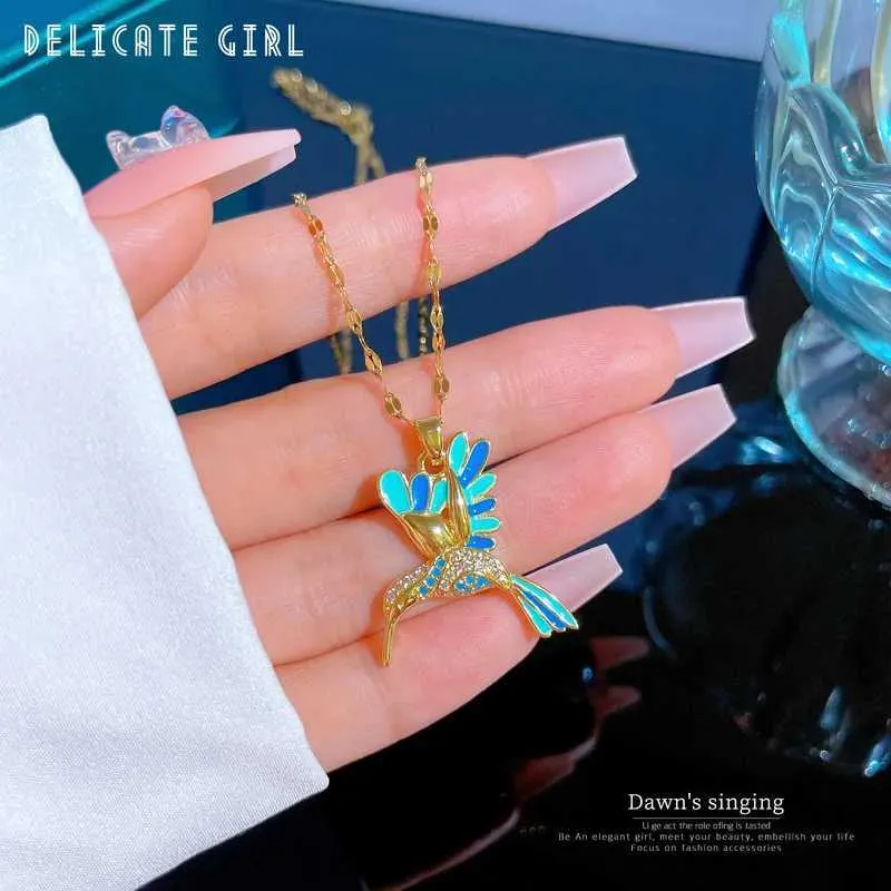 Collar de acero esmaltado con colgante de pájaro Kivid, cadena larga, gargantilla, joyería de moda con esmalte animal para mujer y niña, regalo_voghion.com