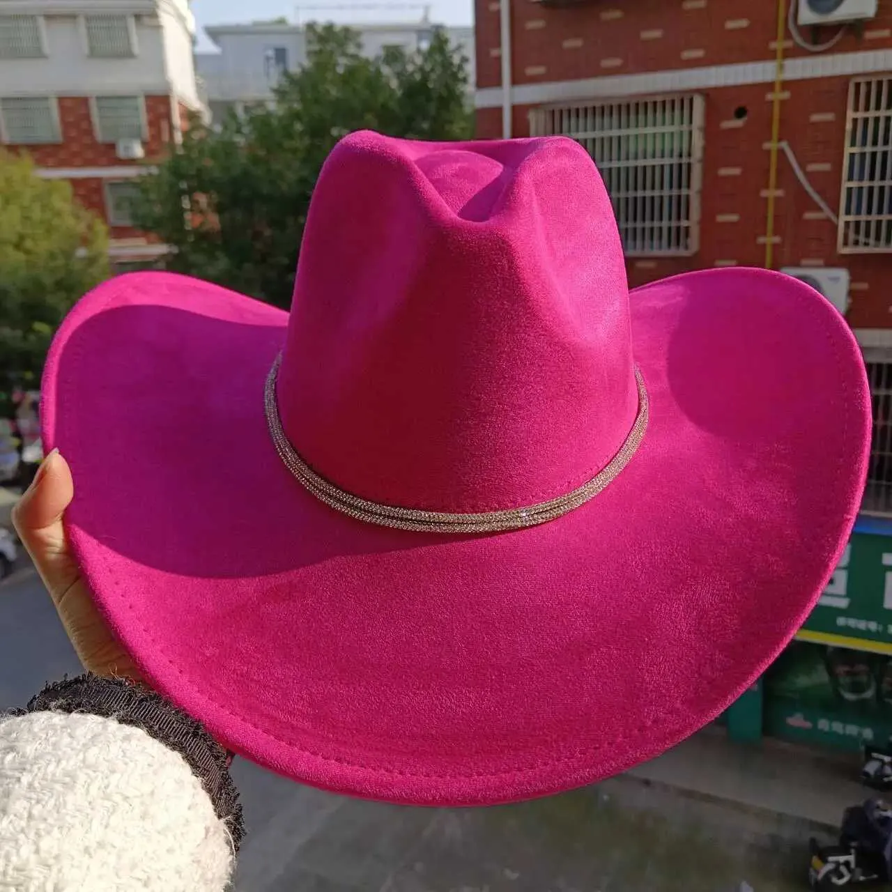 Geniş Memlu Şapkalar Kova Şapkaları Süet Çift İçbükey Kovboy Şapkası 9.2cm Büyük Memlu Üst Şapka Unisex Rhinestone Süet Caz Şapkası Batı Kovboy Şapkası Sonbahar Y240425