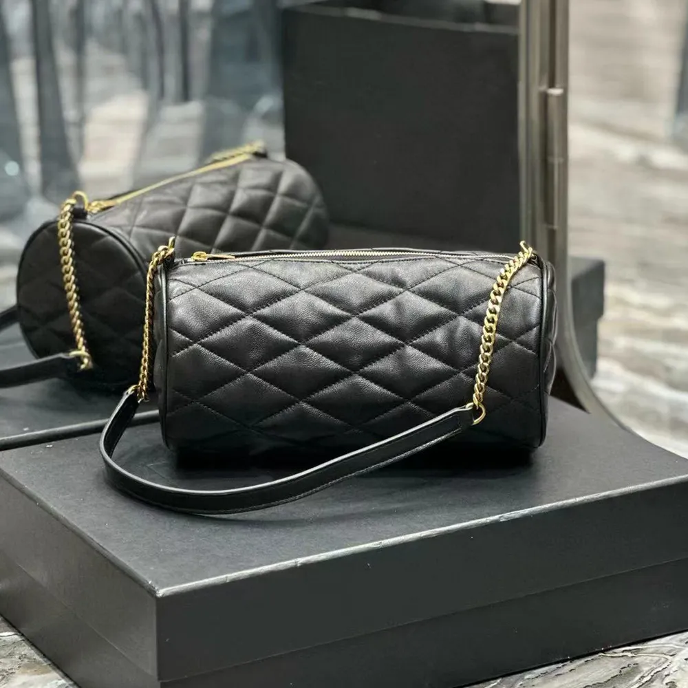 12A Upgrade Mirror Quality Designer Sade Bags 24cm Small Barrel-shaped Bag Genuine Leather Quilted Black Lambskin Purse Vintage Handbag Crossbody Shoulder Box Bag