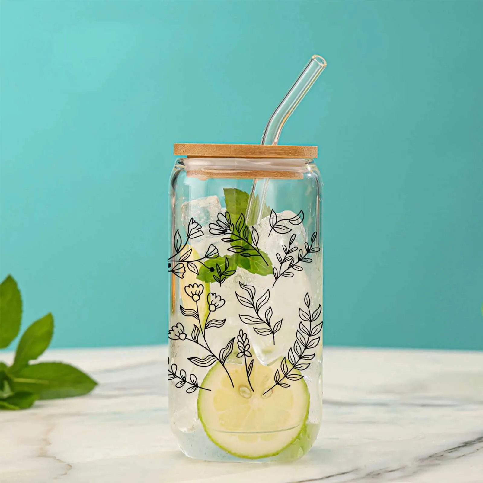 Tumblers 16oz Clear Drinking Glass Can With Bamboo Lid And Straw Juice Coffee Milk Cup For Hot/Cold Drinks Black Line Branches Leaves H240425