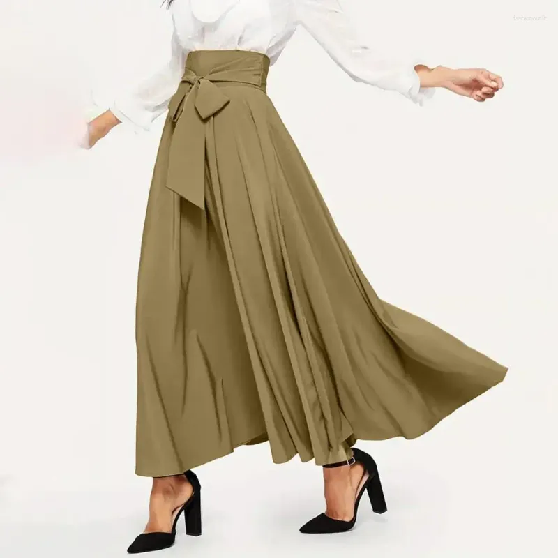 Skirts Women Maxi Skirt Solid Color Lace-up High Waist Elegant A-line Big Swing Wide Band Pleated Ankle Length Loose