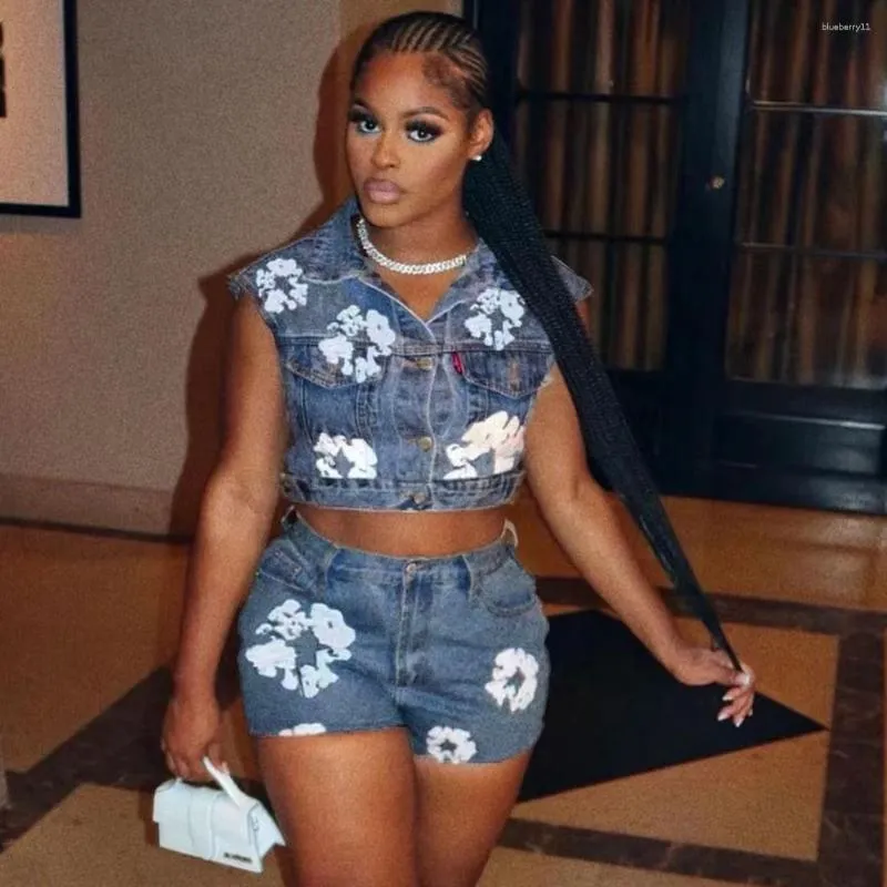 Trendy Womens Denim Shorts Set Fashion Print Sleeveless Top