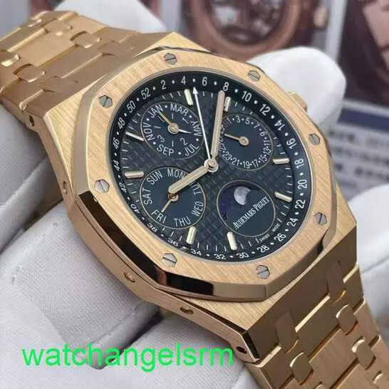 AP Crystal Wrist Watch Royal Oak Series 26574or Rose Gold Blue Dial Perpetual Calendar Briging Through Men's Fashion Leisure Business Sports mécanique