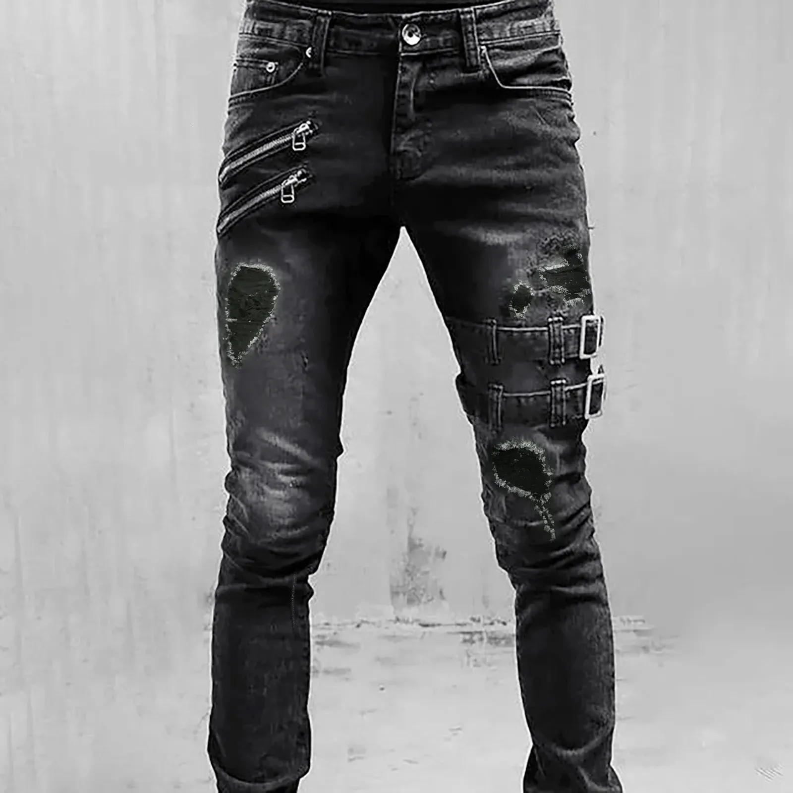 Mens Slim Fit Mid-Rise Straight Leg Casual Ripped jeansbyxor med dragkedja fashionabla denimbyxor 240417