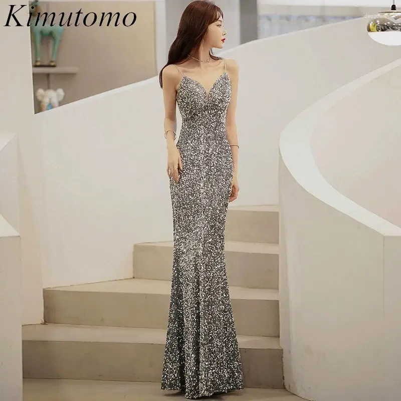 Party Dresses Kimutomo Sequined Fishtail Hip Prom Low V Neck Sexig Solid Starry Maxi Celebrity Style High Street Evening Gowns