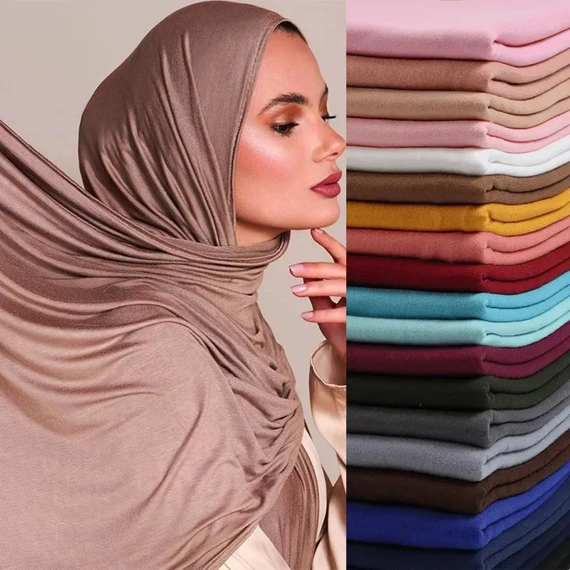 Muslim Women Jersey Hijab Scarf Solid Color Head Wrap Fashion Headscarf Turban Islam Veil Flexible Premium Modal 240410