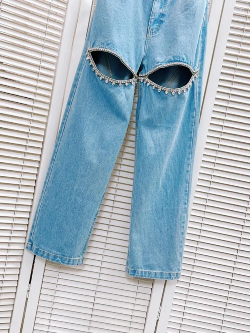 Street Solid Hollowed Out High Waist Straight Denim Jeans Street Solid Hollowed Out High Waist Straight Denim Jeans